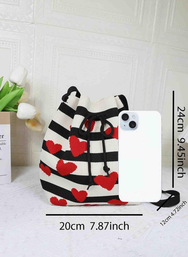 Winatehr crochet heart drawstring knit bucket bag, small cute crossbody for women trendy, casual stripe everyday shoulder korean bags - Image 3